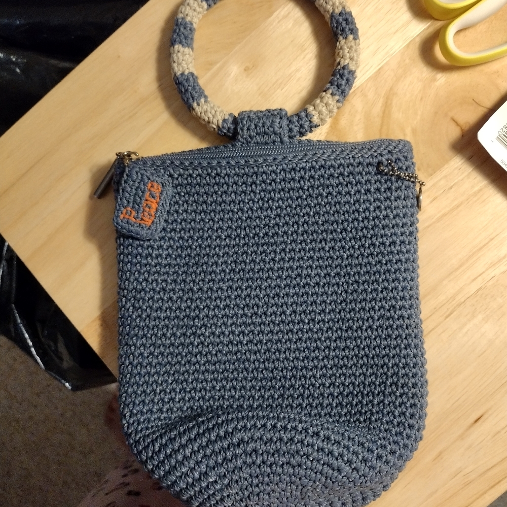 Blue Crochet Handbag with Ring Handle . Like New.